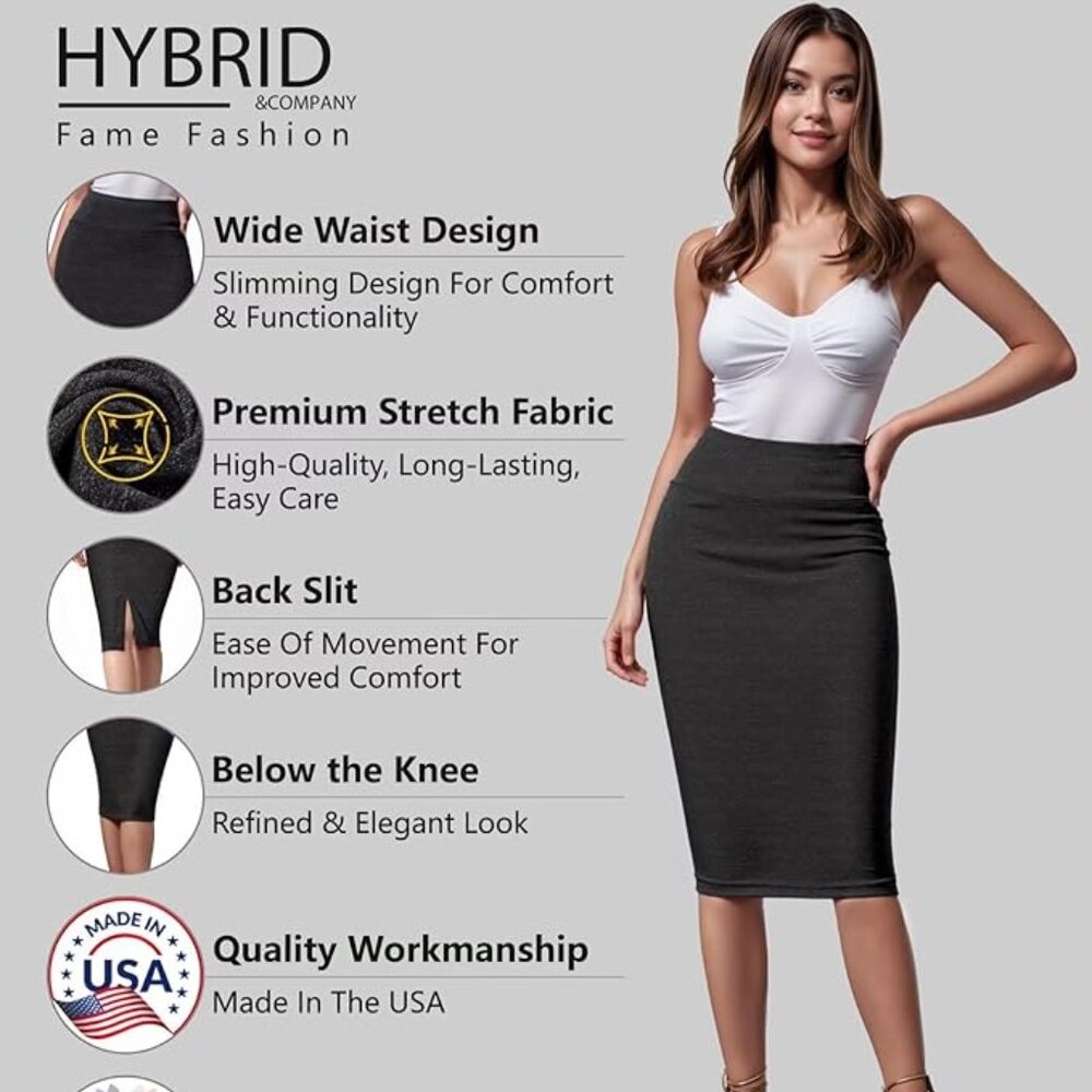 Hybrid & Company Women's Premium Nylon Ponte Stretch High Waist Pencil Skirt